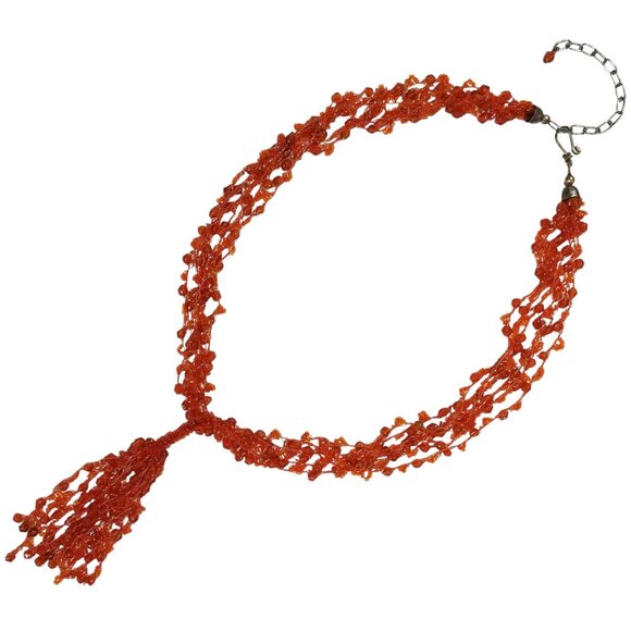 Vintage Orange Bead Necklace with a Tassel  Acrylic Bicone and Bugle Beads - Picture 3 of 13